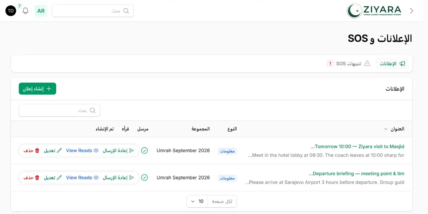 شاشة الإعلانات في Ziyara بتبويبين منفصلين للإعلانات ولتنبيهات الاستغاثة. ويظهر إعلانان مُرسَلان — إشعار زيارة يحدد اللقاء في بهو الفندق الساعة 09:30، وإشعار مغادرة يطلب من المعتمرين الوصول إلى المطار قبل ثلاث ساعات — لكل منهما نوعه ومجموعته وتأكيد إرساله وعدد من قرأوه، مع إجراءات إعادة الإرسال وعرض القراءات والتعديل والحذف.