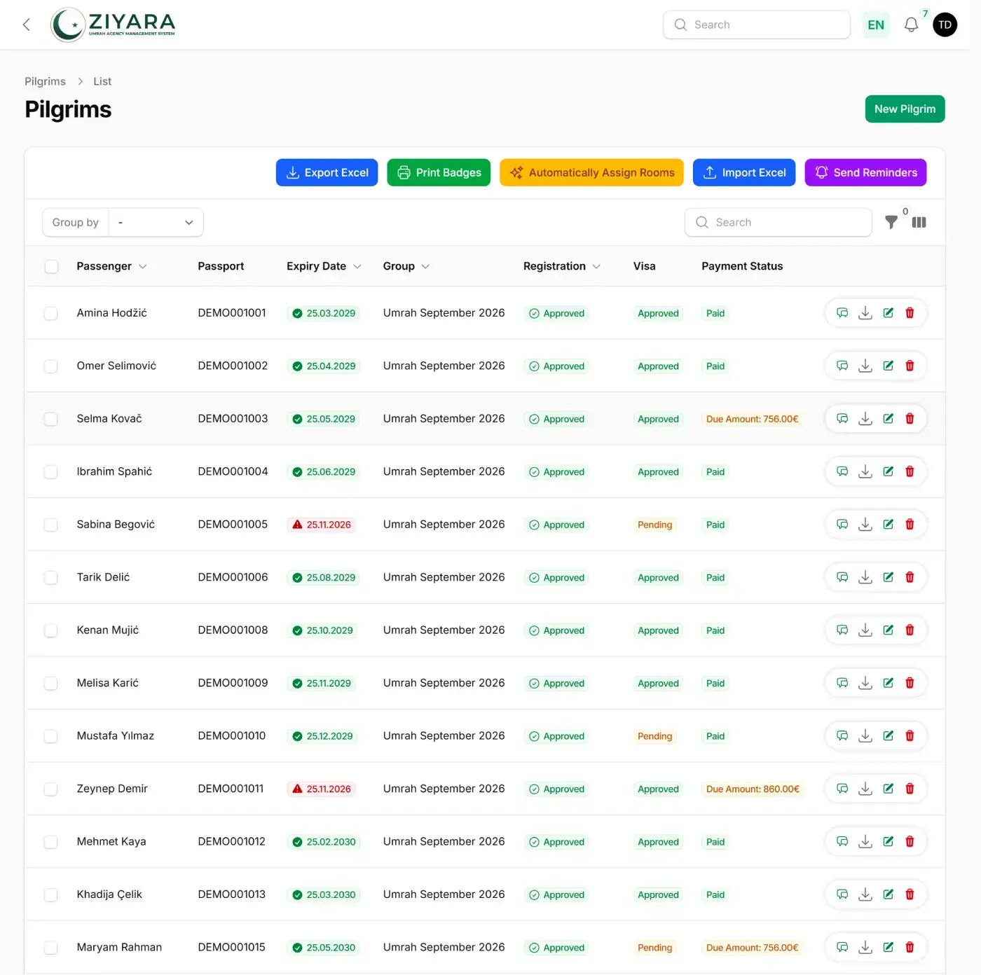 Ziyara pilgrim list with a passport expiry column beside each passport number. Most dates carry a green check for 2029 and 2030, while three pilgrims expiring 25.11.2026 are flagged with a red warning icon.