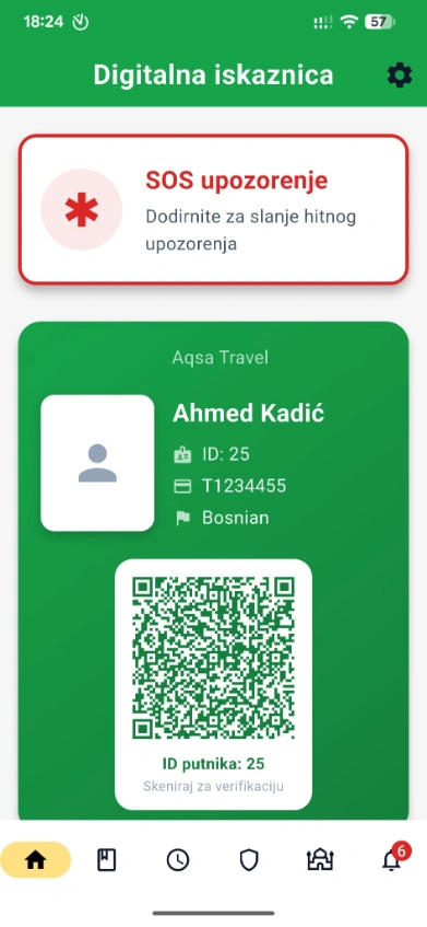 Ziyara aplikacija za putnike na telefonu, s ekranom digitalne iskaznice: crveno SOS dugme s natpisom da se dodirom šalje hitna uzbuna na vrhu, a ispod njega zelena kartica s nazivom agencije, imenom putnika, njegovim brojem i brojem pasoša, jezikom i QR kodom za skeniranje pri prijavi.