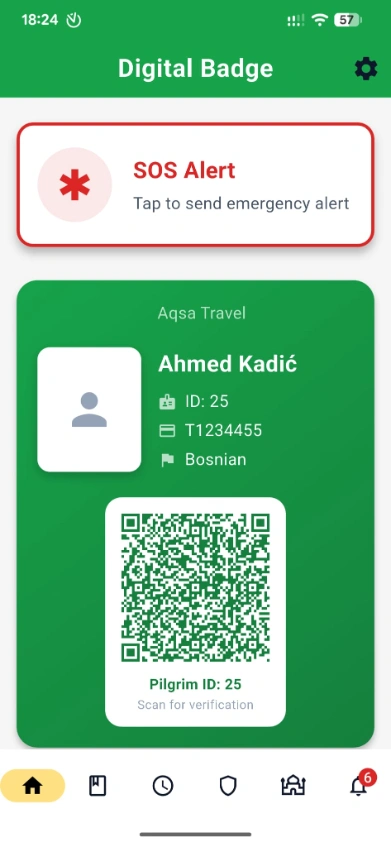 The Ziyara pilgrim app on a phone, showing the Digital Badge screen: a red SOS Alert button labelled "Tap to send emergency alert" at the top, and below it a green badge card carrying the agency name, the pilgrim's name, their ID and passport number, their language, and a QR code for scanning at check-in.