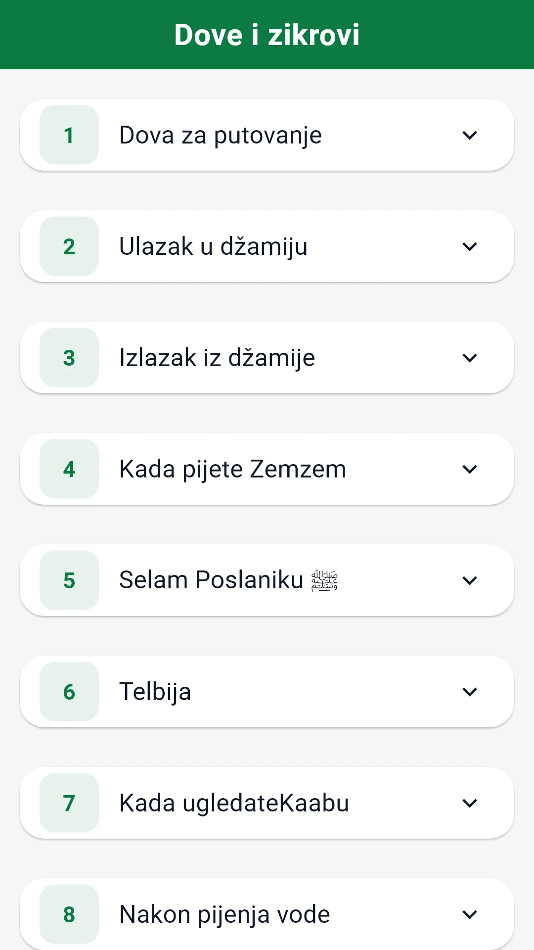 Zbirka dova u aplikaciji, organizovana po temama.