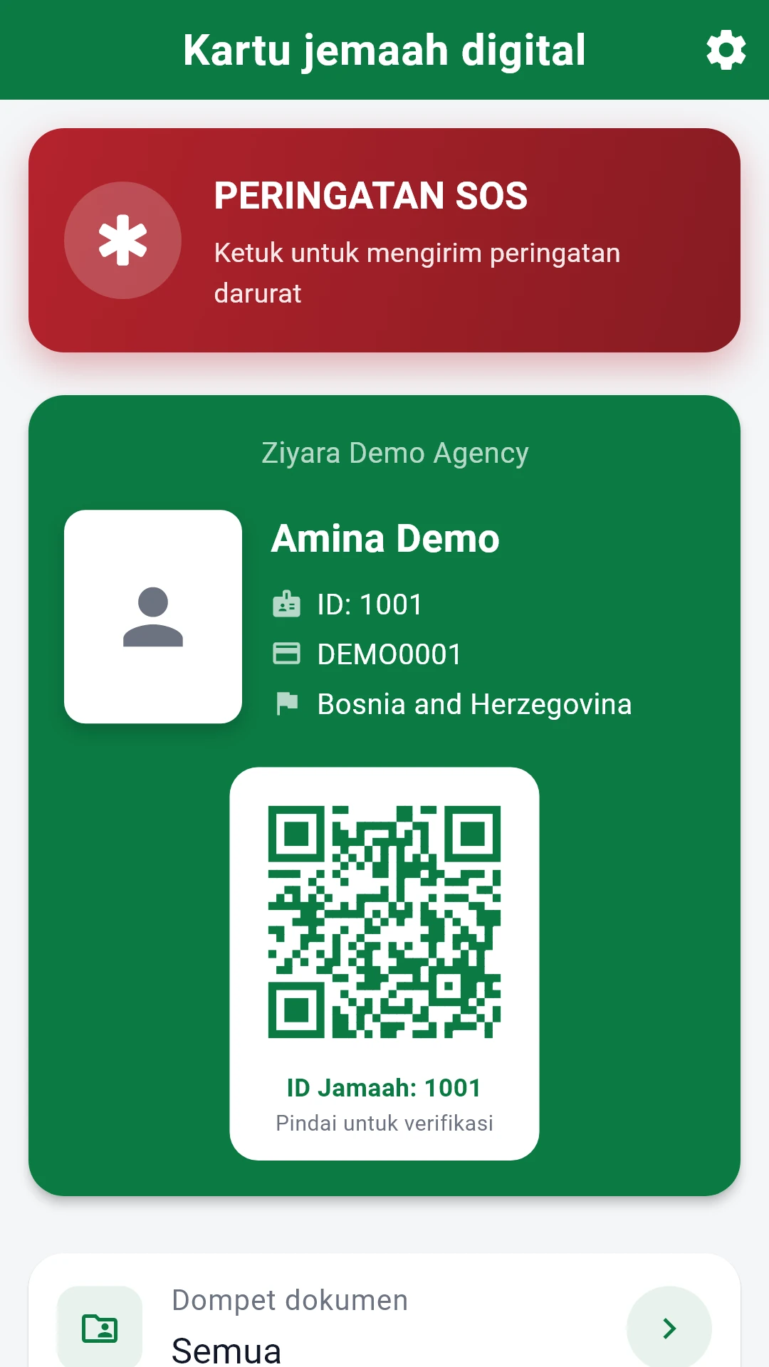Kartu digital, kode QR, dan tombol SOS dalam aplikasi jemaah Ziyara.