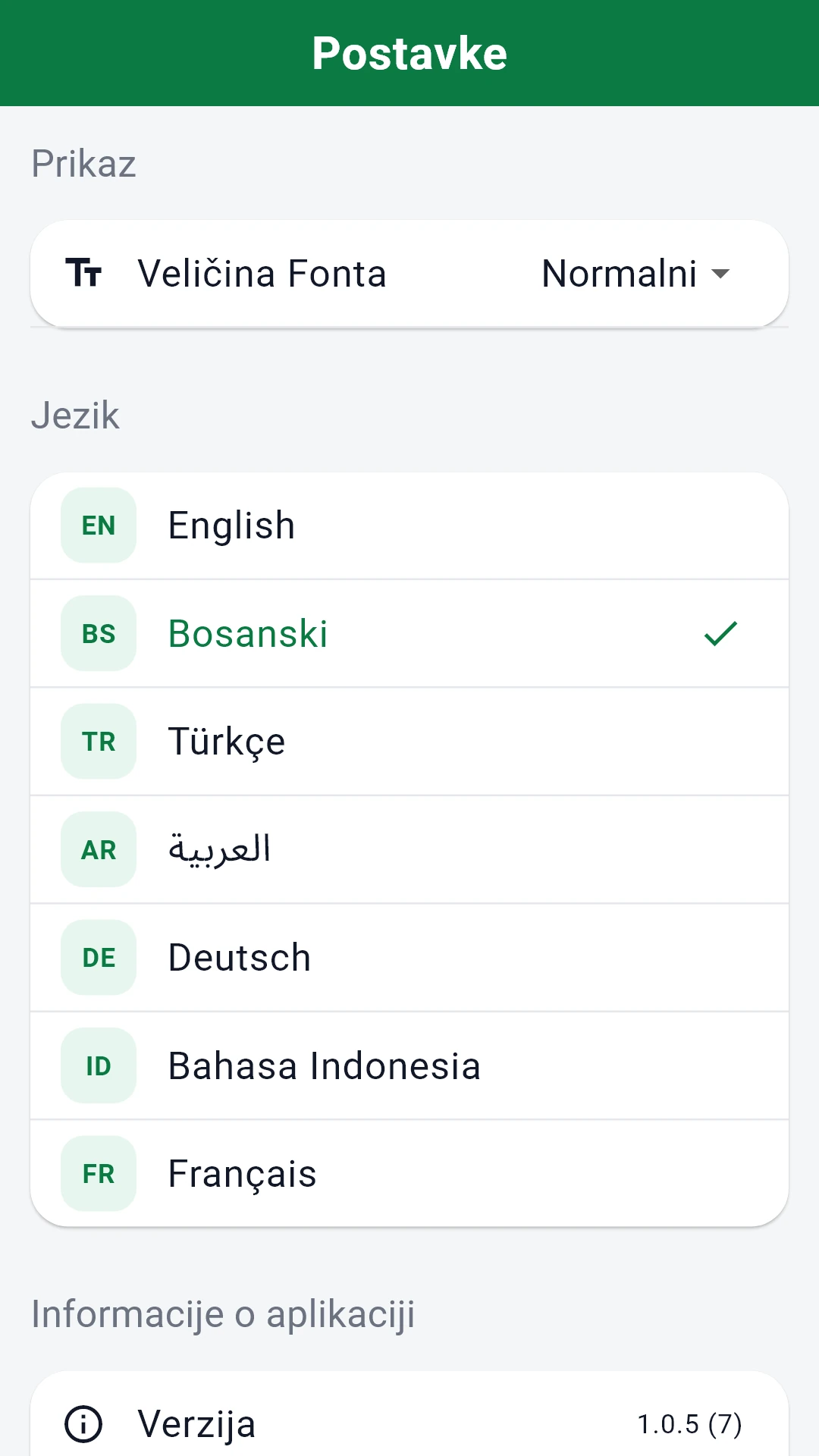 Izbor jezika sa svih sedam podržanih jezika.