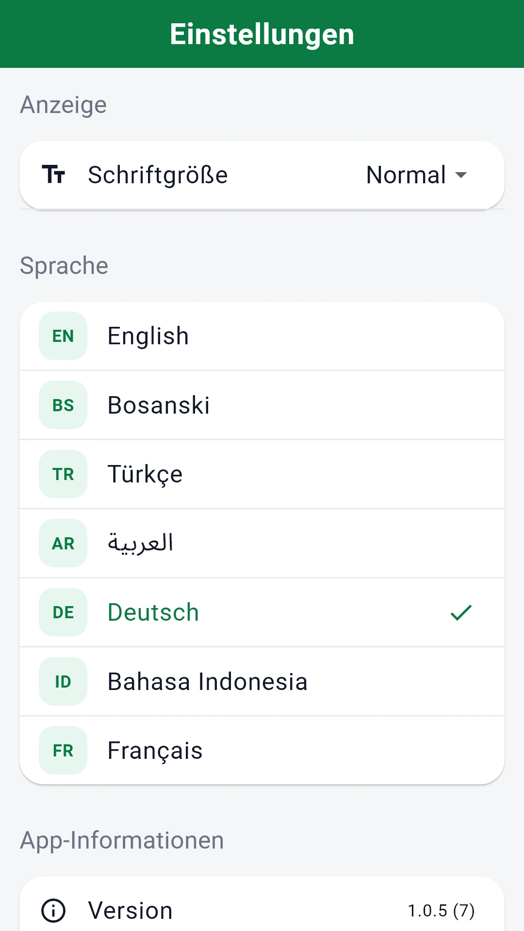 Die Sprachauswahl mit allen sieben unterstützten Sprachen.