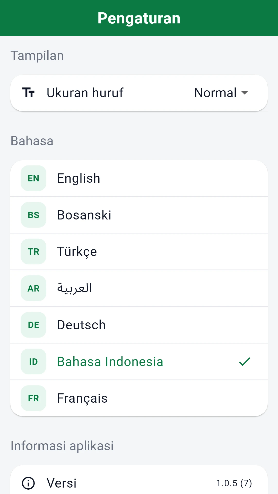 Pemilih bahasa dengan ketujuh bahasa yang didukung.
