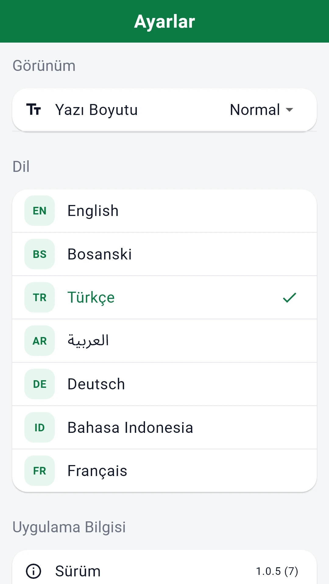 Desteklenen yedi dili gösteren dil seçici.