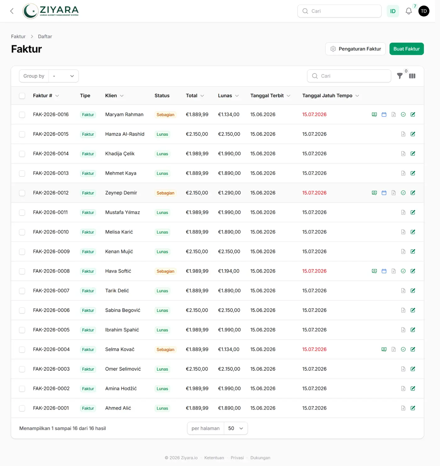 Faktur dengan status, total, dan PPN