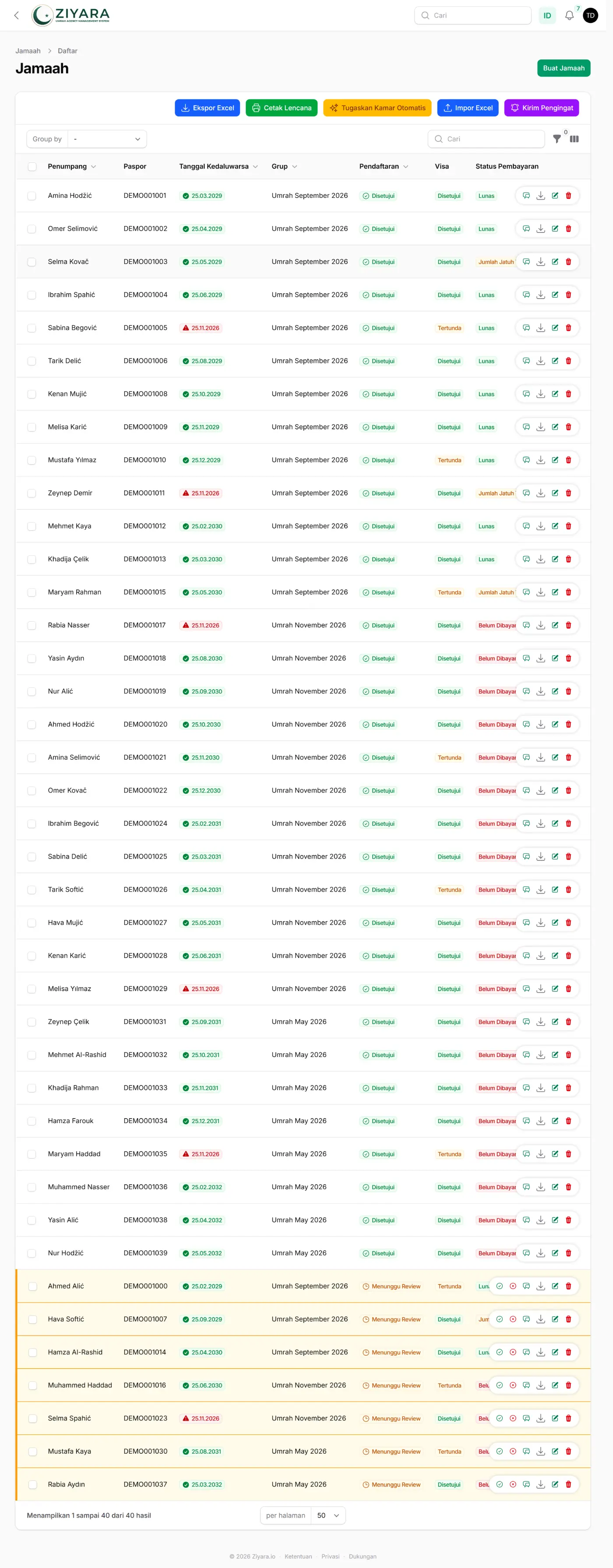 Basis data jamaah dengan detail paspor, dokumen, dan status pembayaran